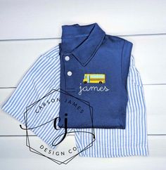 "Check out this adorable monogrammed back to school outfit! Perfect for your little ones first day of school and to wear all fall long! The shirt is a cotton polo and is available in your choice of gray, navy, or white and features a mini school bus and your little ones name. The design and name are embroidered directly onto the shirt using thread. The optional shorts are navy and white seersucker and have an elastic waist and pockets.  To order, first select shirt size and color. Next select sh Collared Cotton Tops For School, Blue Cotton Back To School Tops, Cotton Tops For School Spirit Playtime, Cotton Tops For Playtime And Back To School, Blue Cotton Top For Back To School, Blue Cotton Tops For Back To School, Long Sleeve Cotton Top For School Events, Long Sleeve Cotton Tops For School, Cotton Long Sleeve Tops For School Events