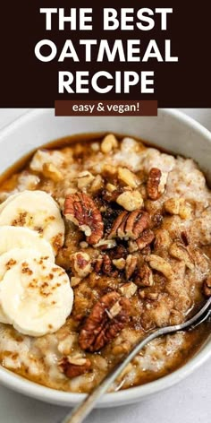 a bowl of oatmeal with bananas and pecans in it, on top of a white table