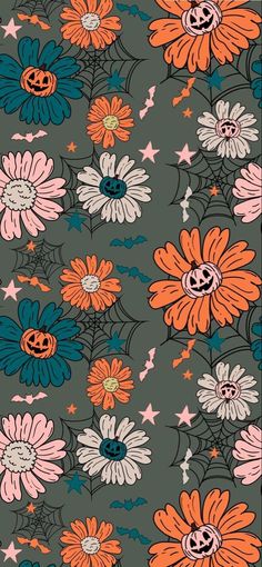 an orange and blue flower pattern on a gray background with pink, white, and green flowers