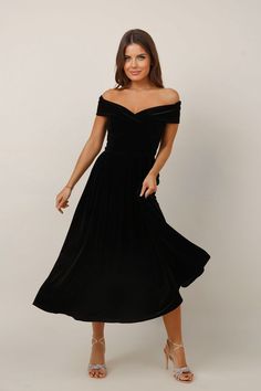 "Little Black Dress Velvet Dress Mid Calf Length Dress Open Shoulder Sash Formal Dress Wedding Guest Dress. Dresses made with Love in Europe. Capelets you can find here: https://www.etsy.com/shop/DesirCouture?section_id=41041632 More Désir Couture dresses you can find here: https://www.etsy.com/shop/DesirCouture?ref=simple-shop-header-name&listing_id=992376660 ❖ If you wish pockets or not so many pleats on waist.. write it in order's note. ❖ Waist Sash included. ❖ Material is quality, flexible a Velvet Dress Midi, Velvet Dress Formal, Elegant Black Prom Dresses, Black Dress Velvet, Evening Midi Dress, Mid Dress, Velvet Bridesmaid Dresses, Dress Velvet, Calf Length Dress