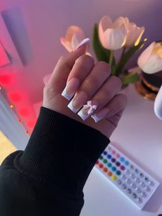 frenchies with bow 🎀🤍 French Bow Nails, Nails Ideas With Charms, Cute Frenchies Nails, Nails With Charms Simple, French With Bow Nails, Simple Nails With Charms, Nails Tips White, French Nails With Charms, White French With Bow