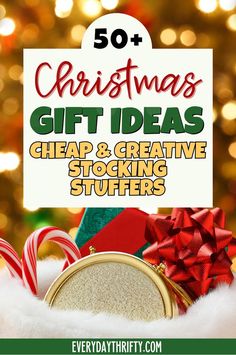 christmas gift ideas for stocking stuff with text overlay that reads 50 + christmas gift ideas cheap & creative stocking stuff