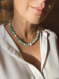 Amazonite Chip Beaded Necklace With Edison Pearls "Punta Cana" Chip Bead Jewelry, Chip Jewelry, Chips Necklace, Chip Bead Necklace, Drop Jewelry, Amazonite Jewelry, Amazonite Necklace, Edison Pearls, Bead Necklaces