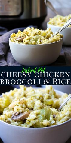 two bowls filled with chicken broccoli and rice