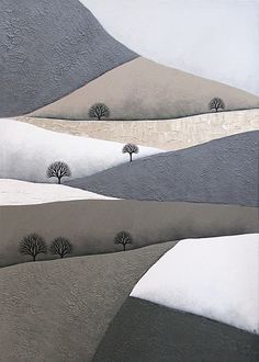 an abstract painting with trees in the snow