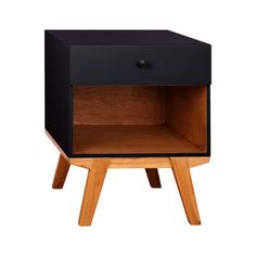 a black and wood night stand with an open drawer on one side, two legs on the other