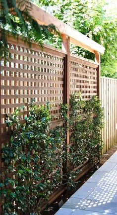 a wooden fence that has some plants growing on it and is next to a sidewalk