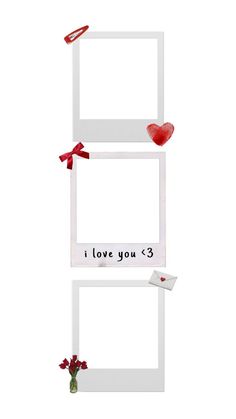 two white frames with red bows and hearts attached to them, one has the word i love you 3 on it