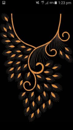 an orange and black design with swirls on the back of it, in front of a dark background