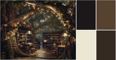 the interior of a tree house is decorated with fairy lights and bookshelves in shades of brown