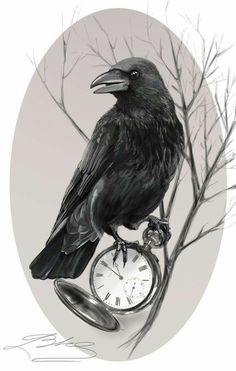 a drawing of a crow sitting on top of a pocket watch with tree branches in the background