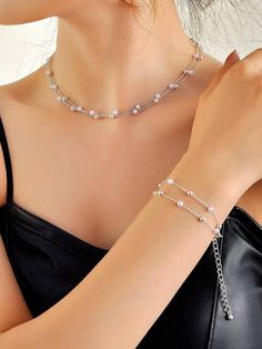 Adjustable Clavicle Chain Jewelry For Party, Adjustable Clavicle Chain For Parties, Trendy Alloy Party Bracelets, Trendy Alloy Bracelets For Party, Party Alloy Choker With Adjustable Chain, Dainty Pearl Chain Bracelets For Party, Dainty Pearl Chain Bracelet For Party, Party Bracelets With Adjustable Chain In Alloy, Trendy Alloy Charm Bracelet For Party