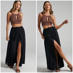 It’s A Skirt With Inner Shorts Attached 100 % Rayon Black Tassel With Draw String Wear As Swim Cover Up Or With A Cute Top Summer Date Night Lined Maxi Skirt, Chic Split Bottoms For Day Out, Chic Black Mini Skirt For Vacation, Trendy Black Split Bottoms, Black Flowy Skirt For Vacation, Flowy Black Skirt For Vacation, Trendy Long Skirt For Vacation, Casual Maxi Skirt For Date Night In Summer, Casual Skirt For Date Night