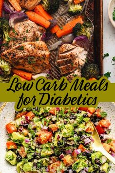 a tray filled with chicken, carrots and broccoli next to a bowl of salad