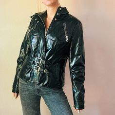 Vintage 90s/Y2k Black Faux Patent Leather Dkny Jacket Size On Tag: L Model (Me) Is A Size S/26/4 And 5’6” For Reference Condition: Great Preowned Condition. Normal Wear. No Flaws. Always Open To Offers Bundle To Save Reach Out If You Have Any Q’s Follow Along Basicposhbabe On Social Media Ily Already Zipper Closure Biker Jacket For Alternative Fashion In Fall, Black Zipper Closure Outerwear For Alternative Fashion, Y2k Style Winter Outerwear With Zipper Closure, Winter Y2k Outerwear With Zipper Closure, Trendy Fitted Biker Jacket For Alternative Fashion, Trendy Fall Outerwear For Alternative Fashion, Trendy Alternative Fashion Outerwear For Fall, Trendy Outerwear For Alternative Fashion In Fall, Y2k Streetwear Outerwear With Zipper Closure