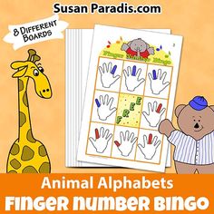 an animal alphabets finger number bingo game with a giraffe next to it