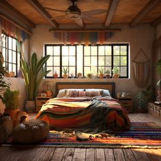 a bed room with a neatly made bed and potted plants on the floor next to it