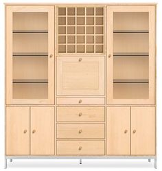 a wooden cabinet with glass doors and drawers on the bottom, in front of a white background