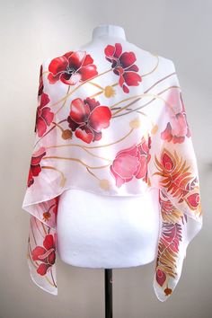 Artistic Hand Painted Red Silk Scarf, White Silk Shawl Scarf, White Artistic Scarves, Artistic Hand-painted White Scarf, Artistic Hand Painted White Scarves, Artistic Hand Painted White Scarf, Artistic White Silk Scarves, White Artistic Handmade Scarves, Artistic White Handmade Silk Scarf