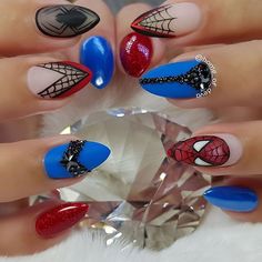 Avenger Nails, Spiderman Nails Acrylic, Lisa Nails, Spidey Birthday, Gothic Gloves