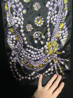 "Vintage long black Oscar de la Renta scarf with purple and gold jewelry pattern 100% silk 11\" x 54\"" Jewelry Patterns, Long Black, Vintage Black, Lincoln, Gold Jewelry, Silk, Purple, Pattern, Gold