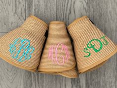 "Introducing our custom visor embroidered hats - the perfect blend of style, functionality, and personalization! Our monogram rollable visor hats are the ultimate accessory for any beach lover or sun seeker.  See Ribbon Visors here - https://kaileysmonogramshop.etsy.com/listing/223666365/bride-hat-embroidered-gifts-beach-visor Embroidered Hat Details: One size fit most adjustable hook and loop closure in the back measures approx. 22\" around the head with 5 inch visor brim straw polyester paper Adjustable Sun Hat With Embroidered Logo And Curved Brim, Customizable Adjustable Visor Hats, Beach Visor Hat With Embroidered Logo, Embroidered Logo Beach Visor Hat, Adjustable Monogrammed Hat With Curved Brim, Adjustable Monogram Hat With Curved Brim, Monogram Hats, Bride Hat, Hat Base