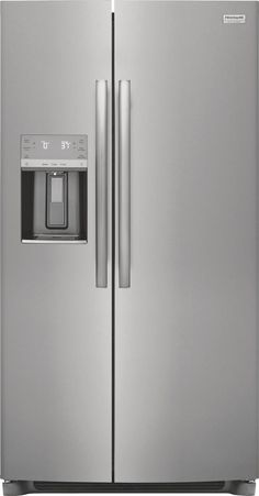 a stainless steel refrigerator freezer with the door open and water dispenser