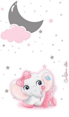 an elephant with a pink bow sitting in front of a crescent and stars on the sky