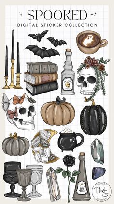 an image of halloween stickers with the words spooked and various items on it