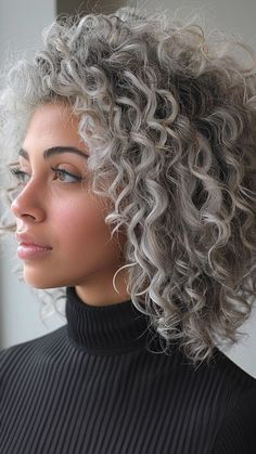 Grey Balayage Curly Hair, Grey Permed Hair, Grey Hair Ideas Going Gray, Curly Hair Silver Highlights, Salt And Pepper Curly Hair, Grey Blonde Hair Ashy Highlights, Gray Curly Hair Natural Curls, Short Curly Grey Hair, Curly Grey Hair Natural Curls