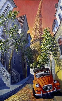 an orange car is parked in front of the eiffel tower and houses on a cobblestone street