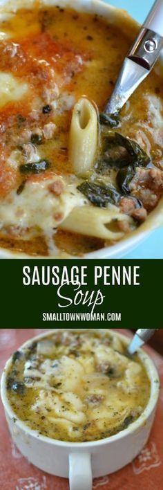 sausage penne soup in a white bowl