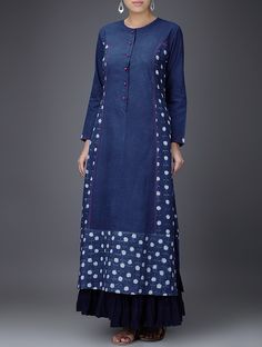 Buy Indigo White Embroidered Dabu Printed Cotton Kurta Women Kurtas Gulaab E Neel dresses tops pants and more Online at Jaypore.com Sukienki Maksi, Kurta Women, Dabu Print, Kurta Style, Long Kurti, Salwar Designs, Kurta Design, Kurta Neck Design, Salwar Kamiz