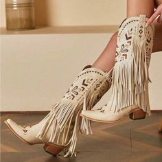 Cowgirl Western Boots Fringe Tassel Chunky High Heels Mid Calf Slip On Retro Casual Fashion Women Ridding Shoes Boutique Brand !!*Please Note*!! *This Is A Pre-Order Item And Requires A Longer Than Usual Shipping Time. Please Allow 7-14 Business Days Before Shipping.* Please Consider This Time Frame Before Placing Your Order. Thank You For Your Patience And Understanding, As This Helps Us Manage Our Inventory Levels And Creates Less Waste. Once Your Ordered Is Placed We Will Notify You Of An Exp Tassel Decoration, Western Shoes, Chunky High Heels, White Heels, Western Cowboy Boots, Cowgirl Boots, British Indian, Western Cowboy, Ethiopia