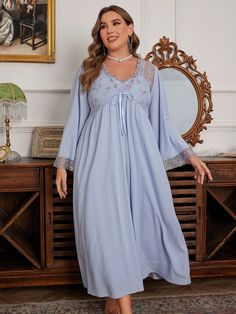 Blue Gorgeous-Vintage Collar   Colorblock,Plain,Plants Dress Sets Embellished Non-Stretch All Women Plus Sleep & Lounge Plus Size Nightgowns For Women, Fantasy Nightgown Plus Size, Plus Size Camisoles, Plus Size Robes, Nightgowns For Women, Sleepwear Women, Trendy Dresses, Elegant Dress, Red Carpet Looks