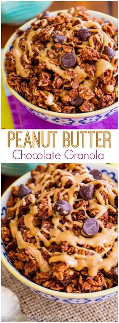 peanut butter chocolate granola in a blue and white bowl with the title above it