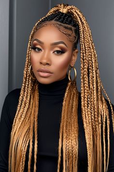 Elevate your long knotless box braids with our top color ideas! Explore our website for inspiration and find the perfect hue to make a bold statement with your braided hairstyle. Long Knotless Box Braids, Chestnut Highlights, Braided Hairstyle, Medium Blonde, Braids For Black Women