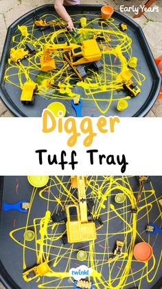 a toddler playing with a toy truck and construction vehicles on a play tray that has the words digger tuff tray over it