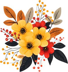 a bouquet of yellow and red flowers on a white background with leaves, berries and berries