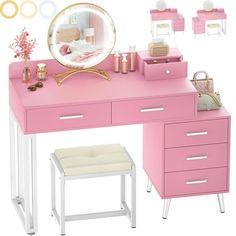 a pink vanity with mirror, stool and other accessories