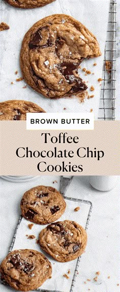 brown butter toffee chocolate chip cookies on a cooling rack with text overlay