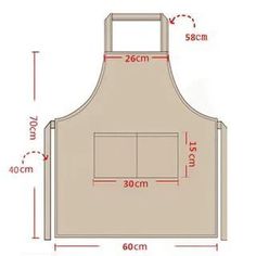 an apron with measurements for the size and width