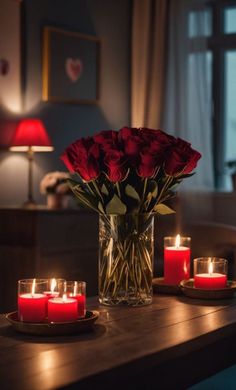 red roses in a vase and candles on a table