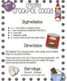 a recipe for creamy crockpot cocoa with instructions on how to make it in the microwave