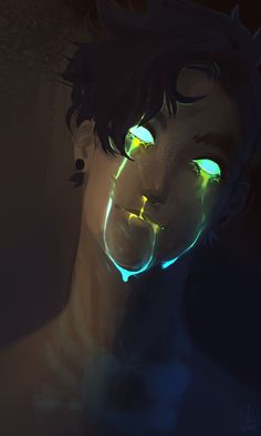 a digital painting of a man with glowing green eyes and mouth rings on his nose