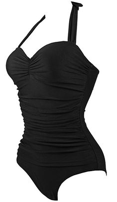 Cocoship 50s Solid Black Elegant Retro Vintage One Piece Swimwear Swimsuits 3XL(US12-14) Vintage One Piece, Push Up Swimsuit, Floral One Piece Swimsuit, Vintage Swimwear, Halter One Piece Swimsuit, Costume Intero, Beach Swimsuit, Black Swimsuit, Monokini