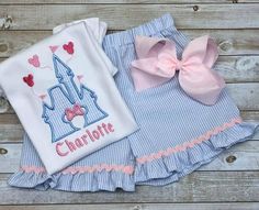 Girls Seersucker Castle Outfit W/bow, Ruffle Shirt, Baby Girl Vacation, Sibling Embroidery Brother Sister Shirts Embroidered Matching Family - Etsy Cute Embroidered Cotton Sets, Cute Embroidered Spring Sets, Disney World Sibling Outfits, Castle Outfit, Disney Embroidery Shirts Kids, Minnie Mouse Smocked Outfit, Big Sister Monogrammed Shirt, Girl Monogram Shirt, Girl Vacation