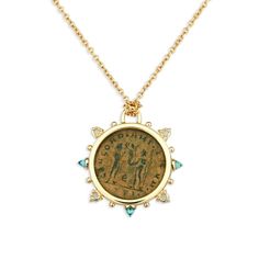 This DUBINI coin necklace from the 'Empires' collection features an authentic Roman bronze coin minted circa 295-299 A.D. set in 18K yellow gold with bullet blue topaz and moonstone cabochons. Depicted on the coin: Diocletian, on the obverse and Luxury Yellow Gold Coin Medallion Necklace, Yellow Gold Medallion Necklace With Coin Pendant, Luxury Yellow Gold Medallion Coin Necklace, Luxury Engraved Coin Necklace, Gold Plated Coin Necklace Styled As Amulet, Byzantine Style Yellow Gold Necklace With Coin Pendant, Yellow Gold Amulet Coin Necklace, Byzantine Yellow Gold Necklace With Coin Pendant, Yellow Gold Byzantine Necklace With Coin Pendant