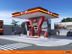 an artist's rendering of a gas station with people standing at the front entrance