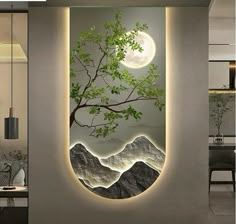 a room with a tree and mountains in it